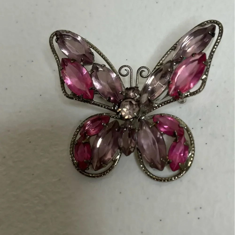 Vintage Butterfly Pin Brooch Silvertone Pink Purple Crystals Costume Jewelry